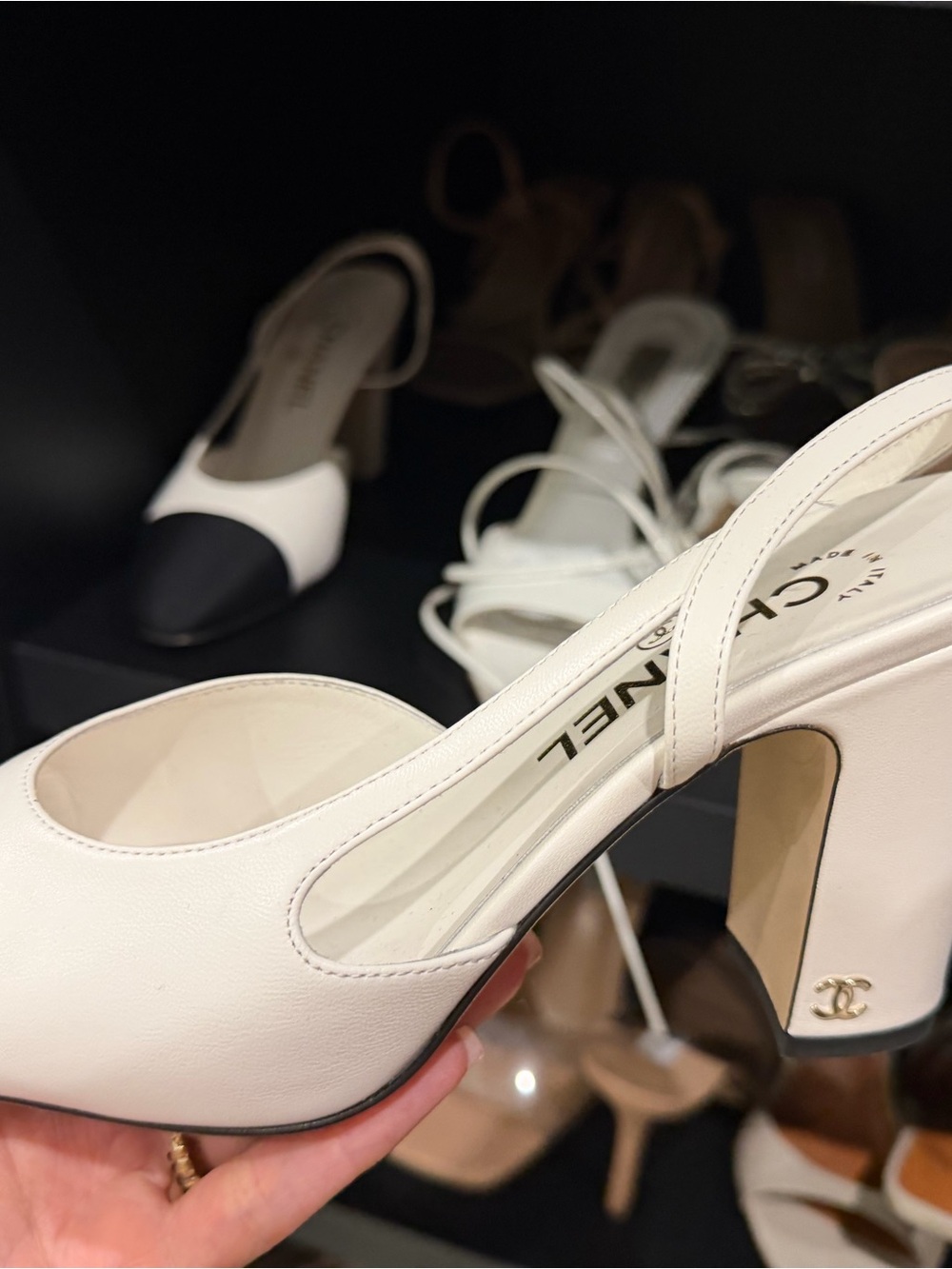 CHANEL White Leather Slingback Pump with Black Cap Toe - Picture 4 of 14